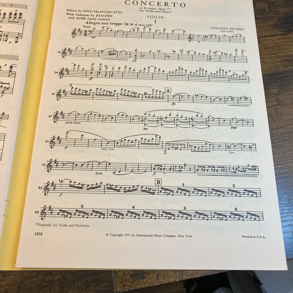 Brahms Concerto in‎ D major Opus 77 Violin Piano Francescatti Sheet Music Book